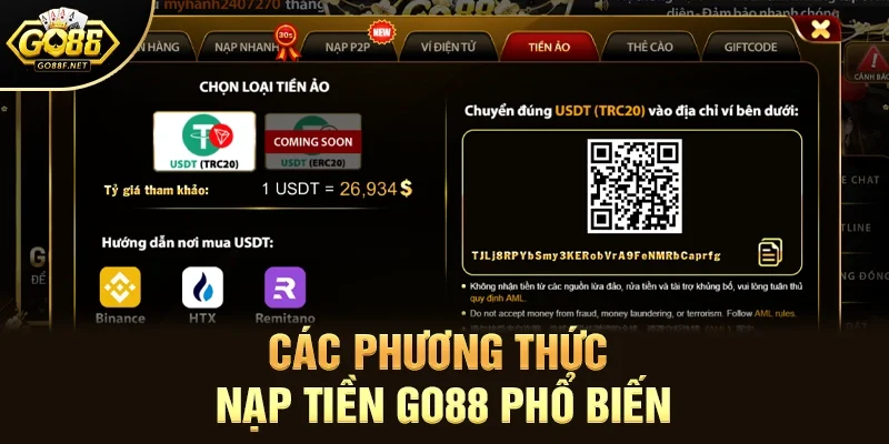Các phương thức Nạp tiền Go88 phổ biến